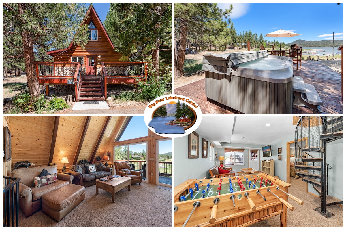 The image showcases a charming cabin surrounded by trees, featuring a spacious deck with a hot tub and outdoor seating. Inside, a warm living area with comfortable seating is seen, alongside a game room complete with a foosball table and various entertainment options.