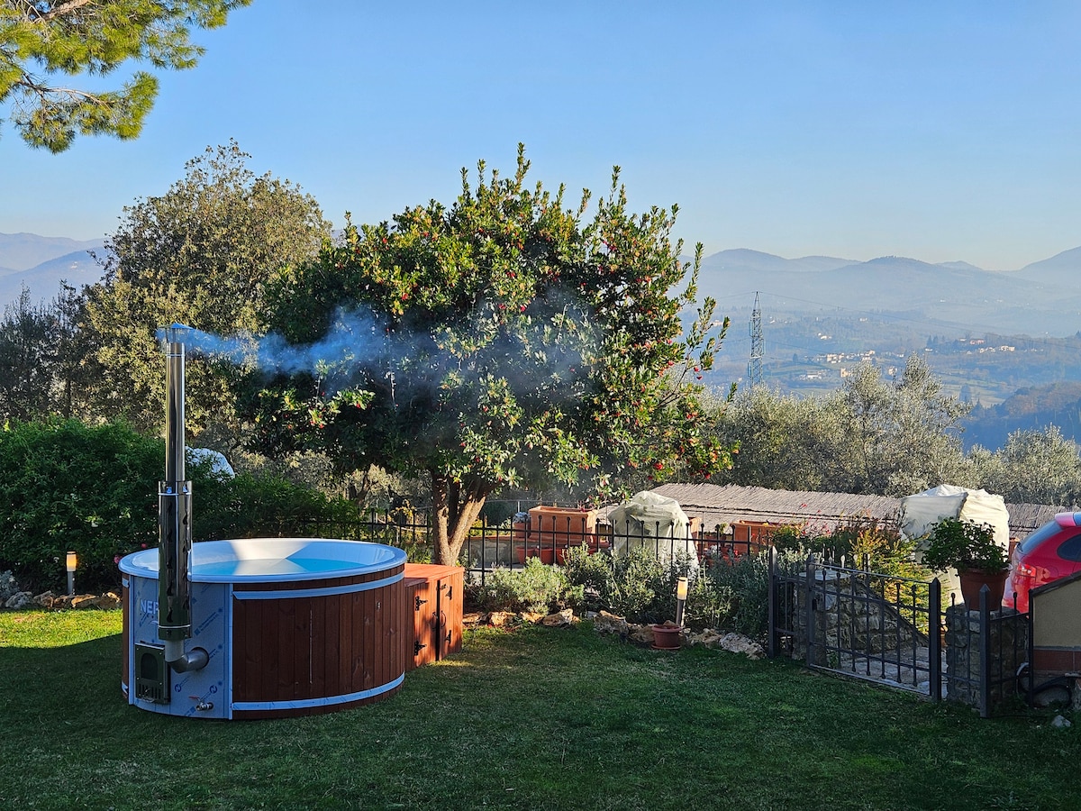 An inviting outdoor space features a heated jacuzzi surrounded by manicured grass and lush greenery. A majestic tree provides shade, while gentle steam rises from the jacuzzi. In the background, the rolling hills of Tuscany offer a serene view, creating a peaceful retreat.
