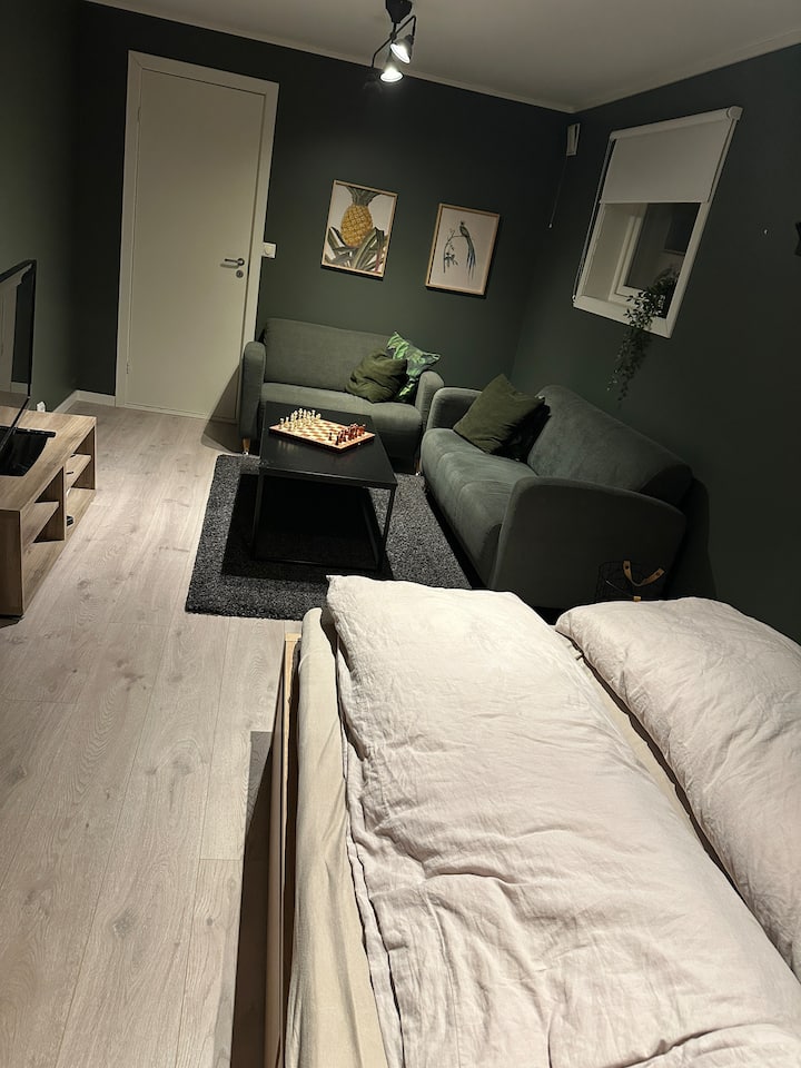 Un dormitorio grande (17 metros cuadrados) con espacio para dos en la pequeña cama doble. Los muebles se pueden mover si quieres espacio para un colchón en el piso. Televisión con telia box.