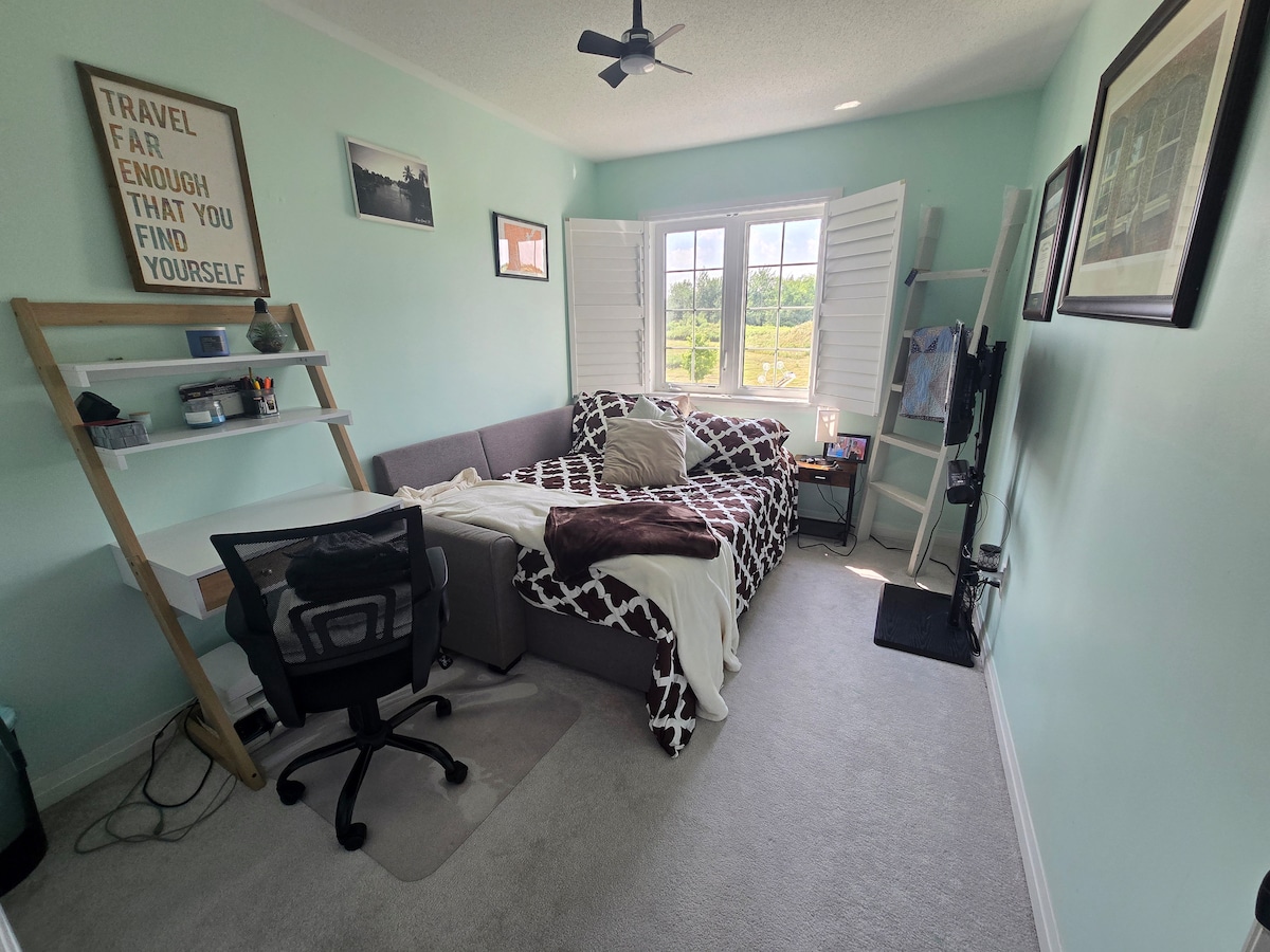 A cozy bedroom features a double pull-out sofa bed dressed in a patterned blanket. A desk with an office chair is positioned nearby, and a mounted TV is visible. Large windows allow natural light to fill the space, with scenic views of the outdoors.
