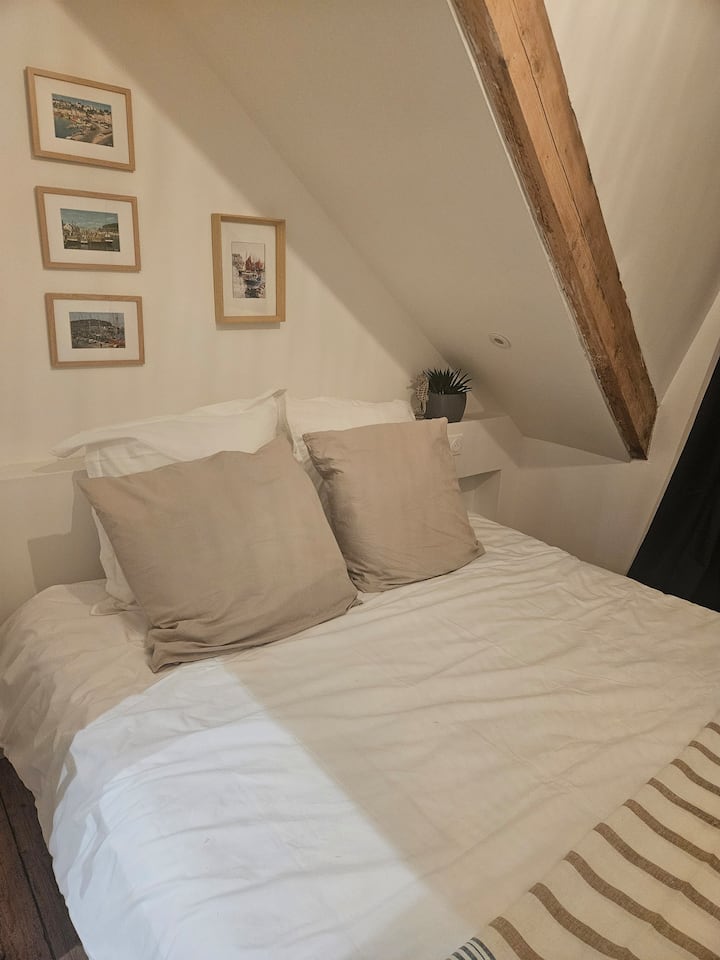 Udobnost i estetika: bračni krevet, ugodna atmosfera, moderan i umirujući dekor. Mirna spavaća soba s pogledom na prirodu.