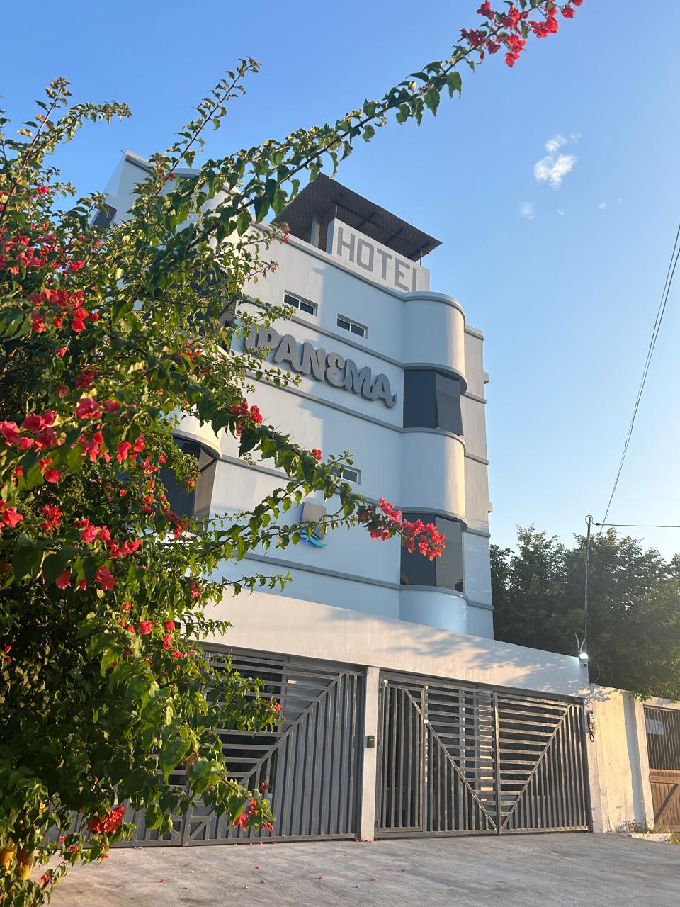 The exterior of the hotel is featured, showcasing a modern multi-story building with a sleek façade. Colorful bougainvillea flowers are seen in the foreground, adding a touch of nature. The property is framed by clear skies, emphasizing its welcoming appearance.