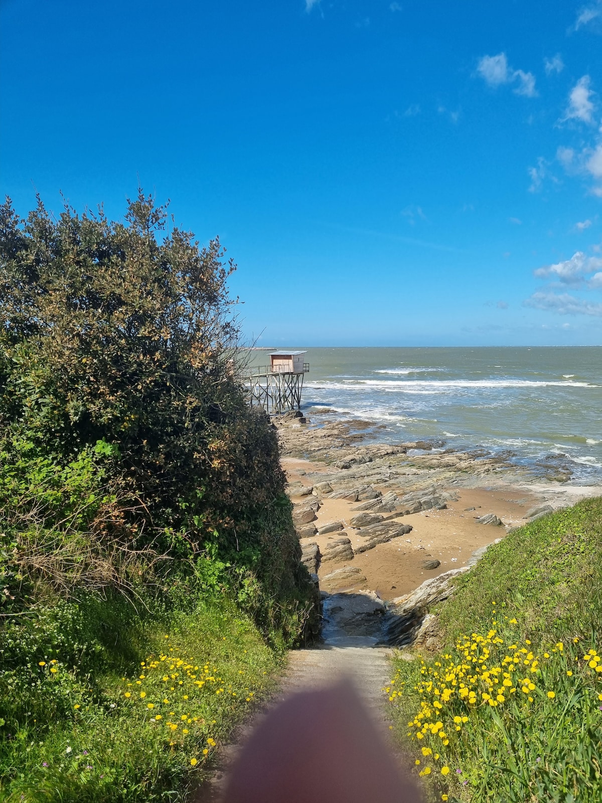 A pathway leads down towards the sandy beach, bordered by vibrant yellow flowers and lush greenery. The waves gently roll onto the shore, while a fishing hut perched on stilts is visible in the background against a clear blue sky.