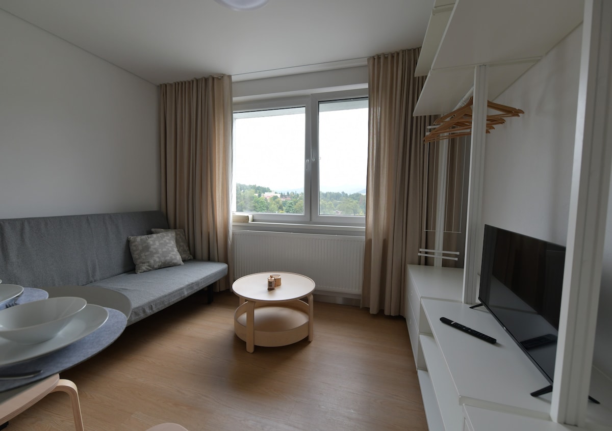 A light-filled living area features a gray sofa and a round coffee table. A television is positioned on a white cabinet. Sheer curtains frame a large window, offering views of the surrounding landscape. Shelving and hangers provide additional storage space.