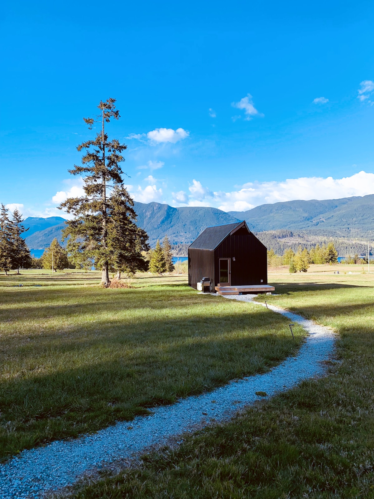 A modern cabin is situated on spacious grassland, surrounded by trees and mountains. A path leads to the cabin, which features a sloped roof and large windows. The scenic backdrop includes distant mountains and a clear blue sky with scattered clouds.