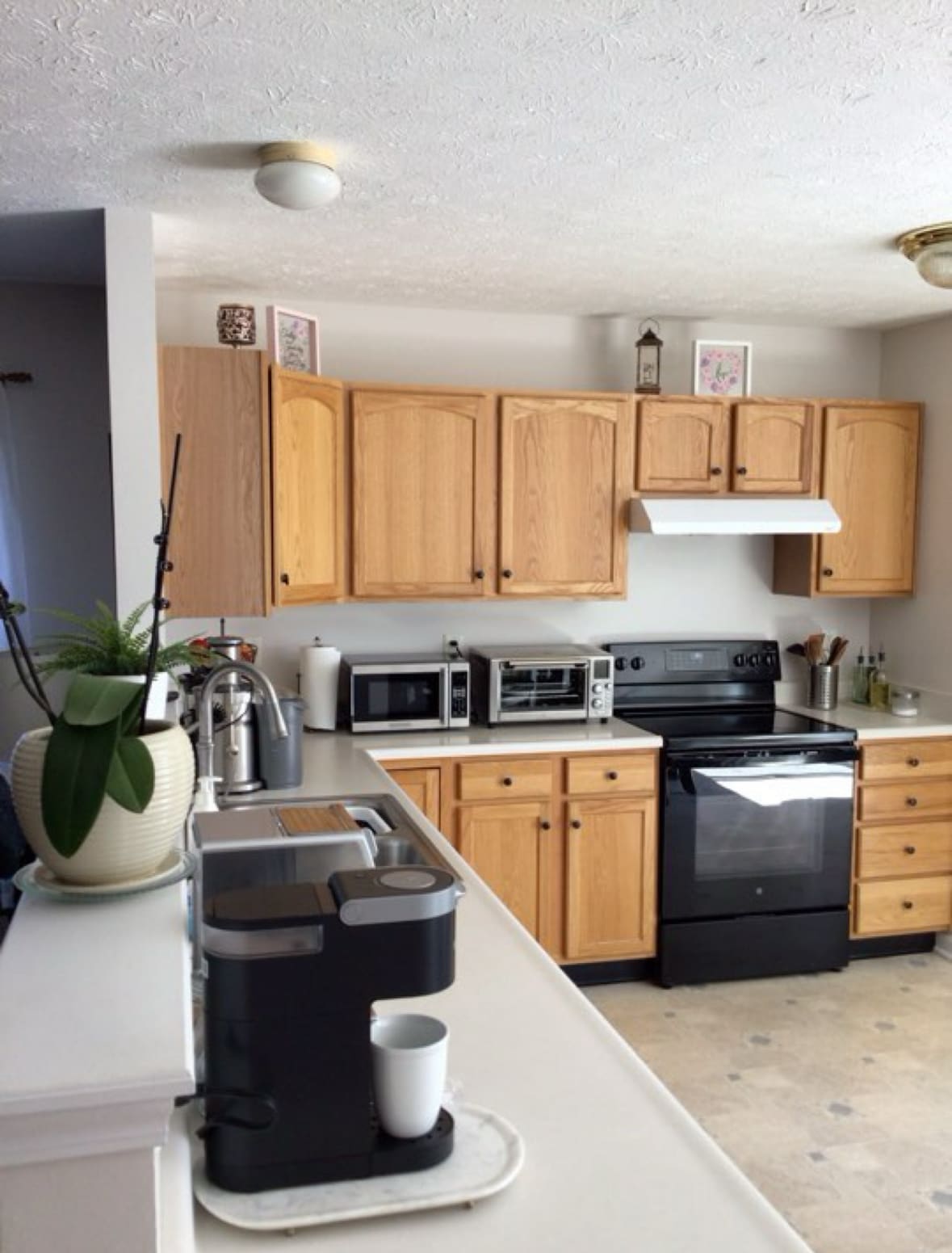 A functional kitchen area is presented with wooden cabinetry, featuring various appliances including a microwave, toaster oven, and stove. A Keurig machine is positioned on the countertop, accompanied by a white cup. Natural light enters through a nearby window, enhancing the space's bright and welcoming atmosphere.