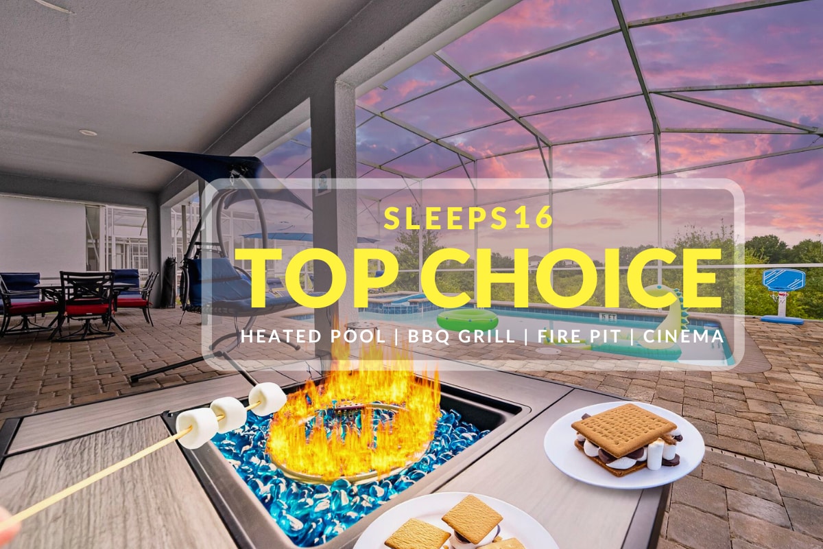 An outdoor space features a heated swimming pool and a BBQ grill, set against a backdrop of a colorful sunset sky. A fire pit is prominently displayed in the foreground, with a roasting marshmallow positioned over the flames, inviting outdoor gatherings.