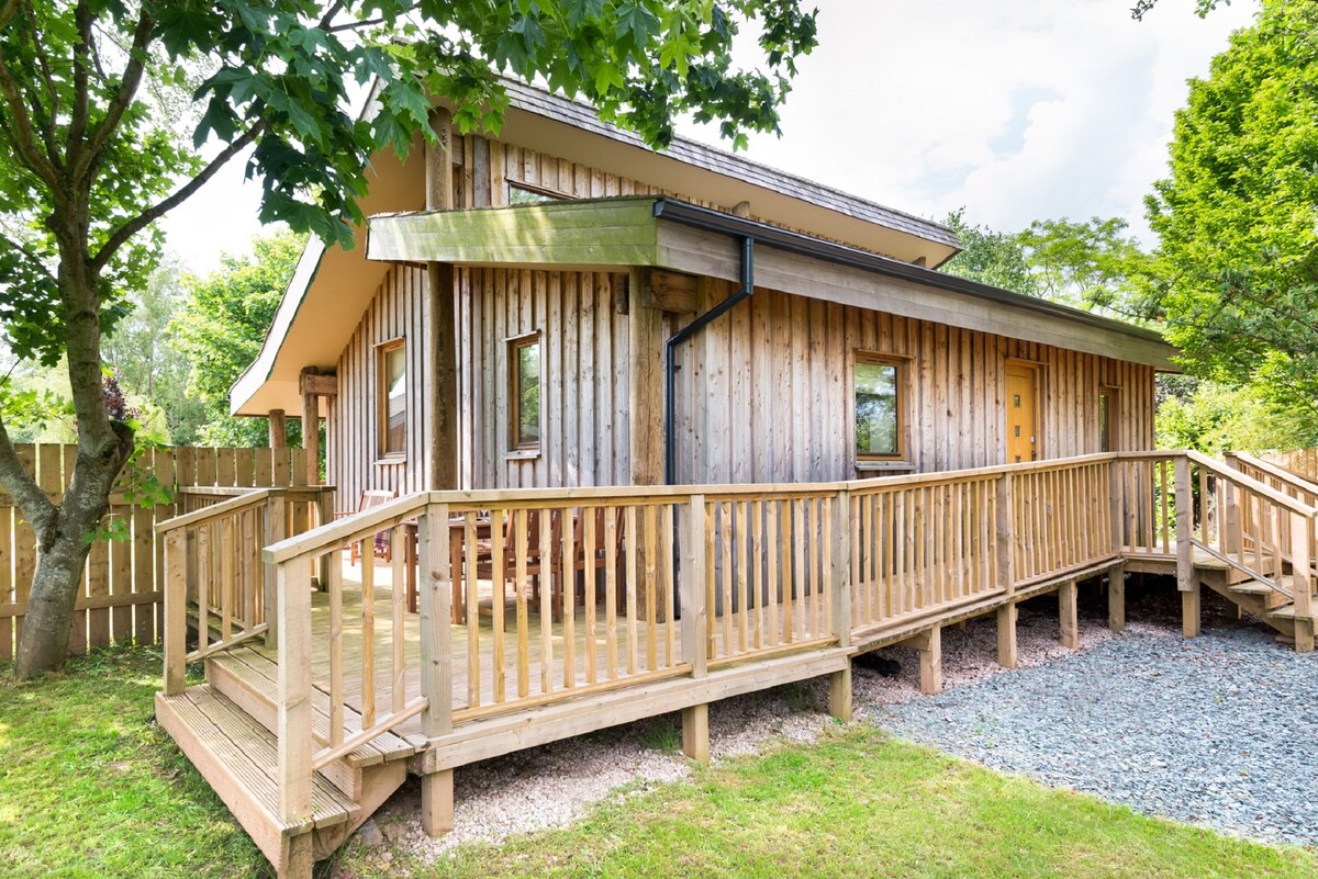The exterior of Larch Lodge features natural wooden cladding and a ramp leading to the entrance, providing accessibility. Surrounded by trees and shrubs, the lodge is complemented by a spacious wooden deck and a gravel path, enhancing its connection to the landscaped rural setting.