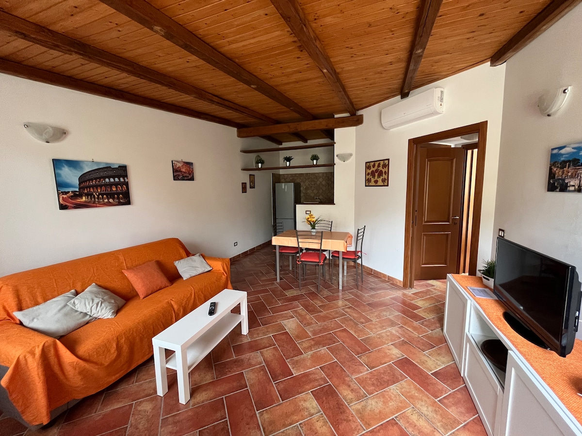 A living area features a bright orange sofa with assorted cushions, complemented by a white coffee table. A dining set with red chairs occupies one corner, and a TV unit is positioned near the wall. Wooden beams enhance the ceiling's natural feel.
