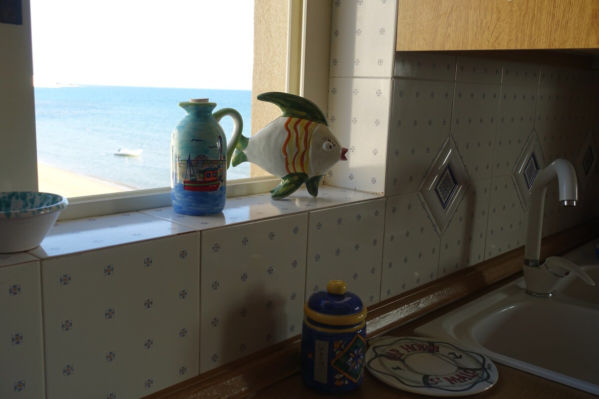 A well-appointed kitchen features a window overlooking the sea, with various kitchenware displayed on the countertop. A decorative fish figurine and ceramic pots add a touch of local charm, complemented by the calming view of the water.