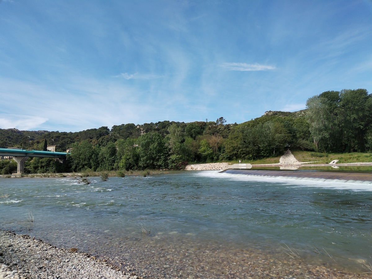 A flowing river is shown, bordered by a mix of greenery and rocky banks. A gentle current moves across the scene, reflecting the blue sky above. In the background, a bridge is visible alongside the lush landscape of trees and hills.