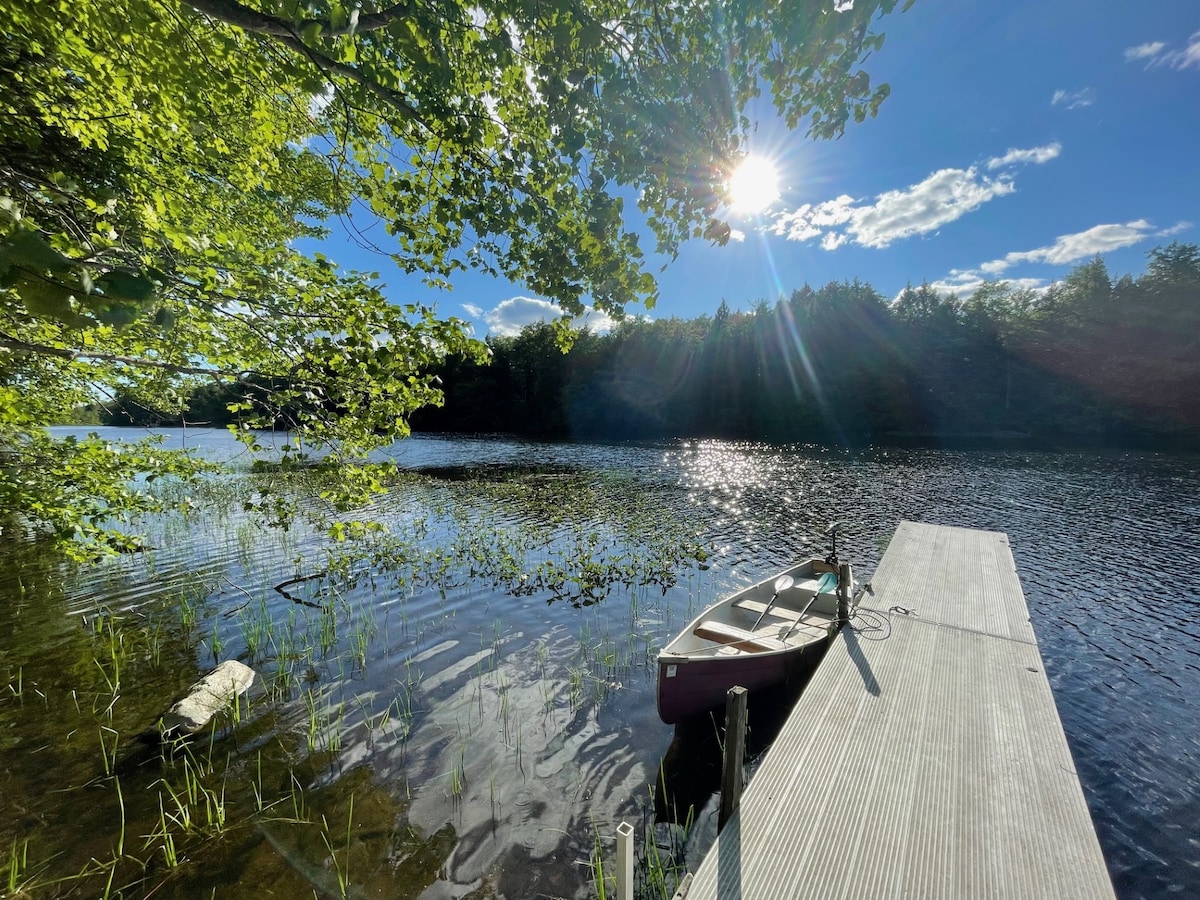 A wooden dock extends over calm waters, with a small boat tied alongside. Sunlight reflects off the surface, creating a sparkling effect. Lush greenery frames the scene, with trees providing shade, while the sky displays a mix of clouds and bright blue.