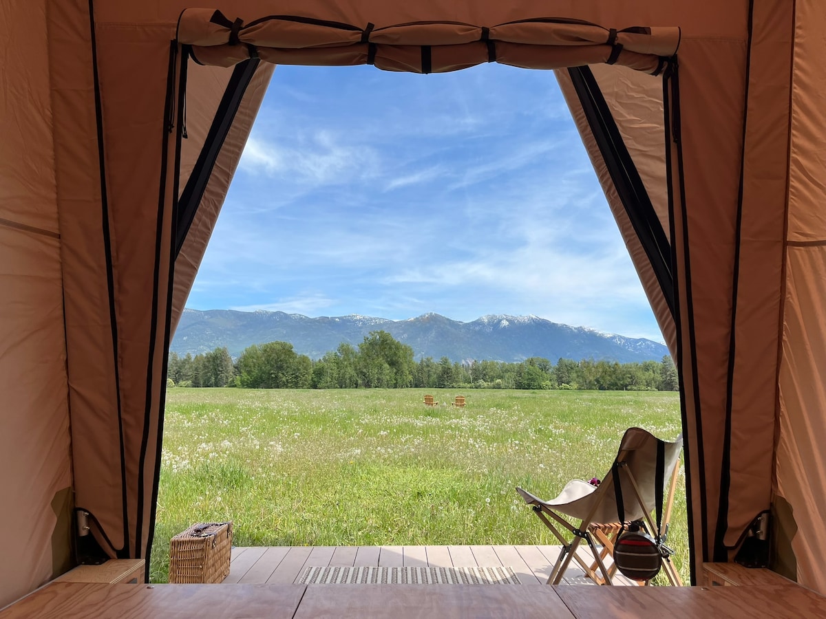 The view from inside the spacious tent captures a lush meadow, dotted with wildflowers, extending towards the distant mountain range. A folding chair sits on the wooden deck, inviting relaxation while the sky above is clear with soft clouds.