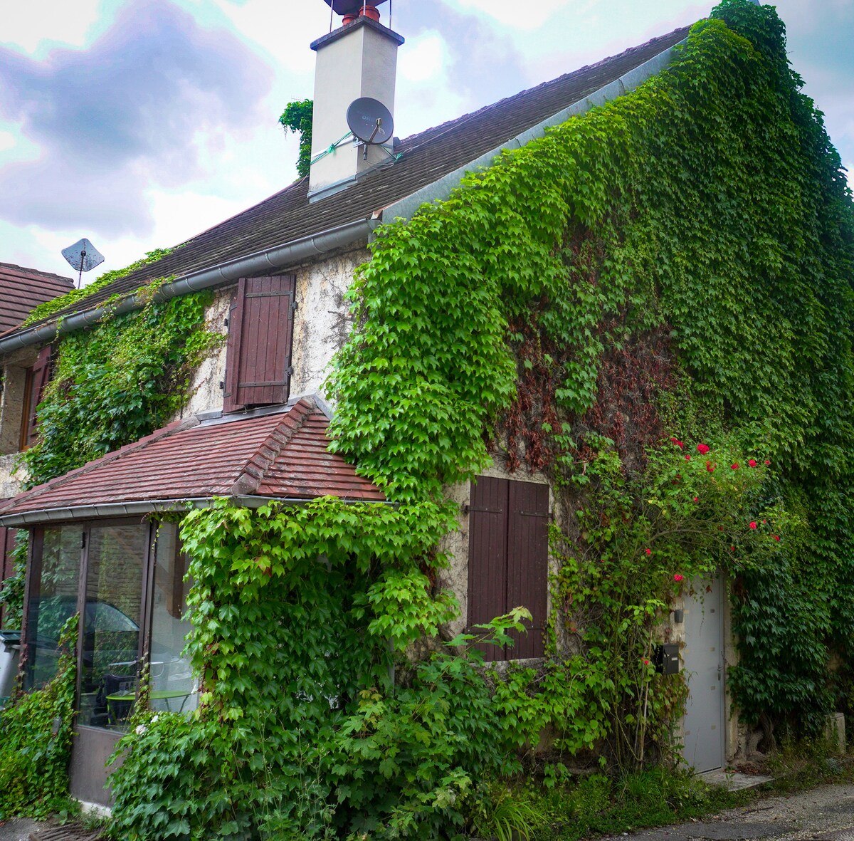 An exterior view of a two-story building, covered with lush green ivy that envelops the walls. The structure features brown wooden shutters on the windows, combined with a terracotta tiled roof. A small entrance door is visible beside a glassed area, surrounded by greenery.