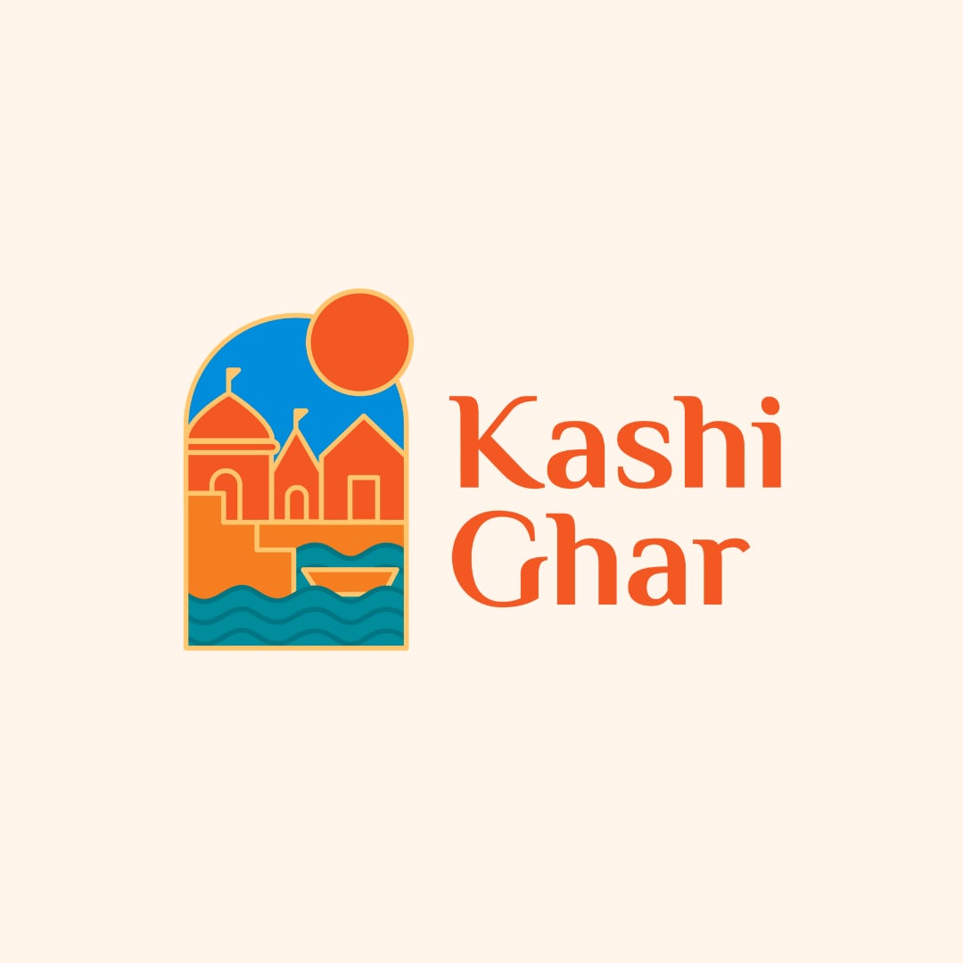 The image features a logo for Kashi Ghar, depicting a stylized representation of Varanasi's architecture under a warm sun. The design incorporates shades of orange, blue, and beige, capturing a harmonious blend of cultural elements associated with the city.