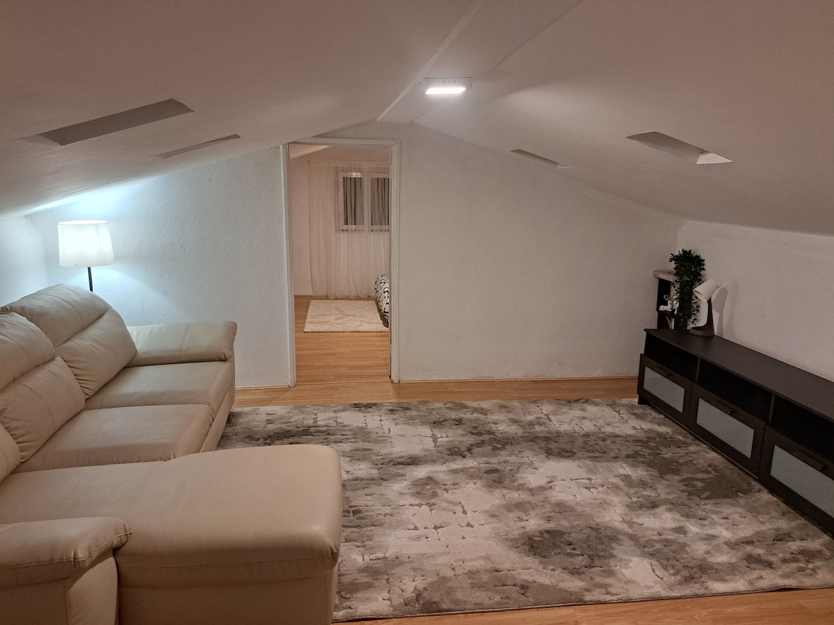 An attic living area features a light-colored sectional sofa positioned on a soft rug with subtle patterns. Soft overhead lighting provides illumination. A doorway leads to a separate room, while a small plant adds a touch of greenery on the nearby shelf.