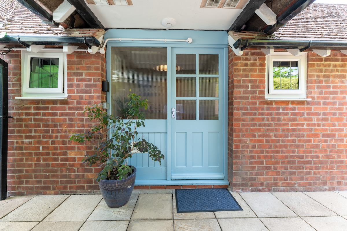 The entrance features a blue door with four window panes, framed by red brick walls. A small potted plant adds a touch of greenery beside the entrance. A doormat is positioned in front of the door, offering a welcoming touch.