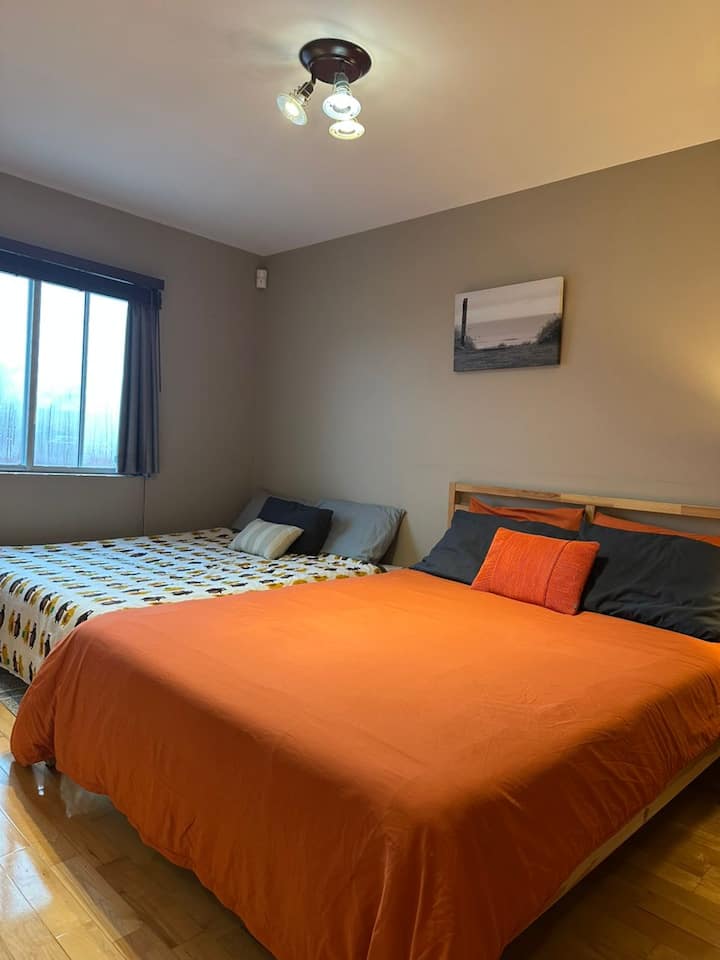 Camera da letto principale, con letto matrimoniale e divano letto matrimoniale aperto.