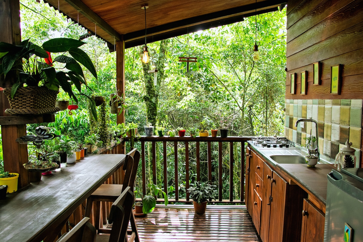 An outdoor kitchen space is surrounded by lush greenery, featuring wooden cabinetry and a stone countertop. Several potted plants are placed along the railing, while natural light illuminates the area. The view includes thick trees and vibrant foliage, enhancing the sense of being immersed in nature.