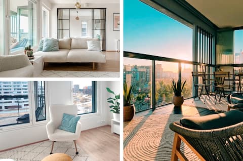 Central, Huge Panoramic Balcony,  2BR, Sauna, A/C