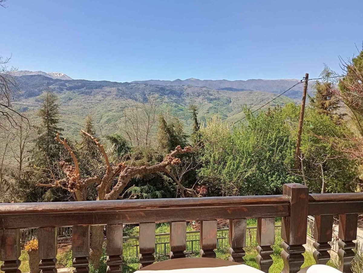 A wooden balcony railing frames a panoramic view of lush greenery and rolling mountains. The landscape features a variety of trees and foliage, with the peaks of distant mountains visible against a clear blue sky.