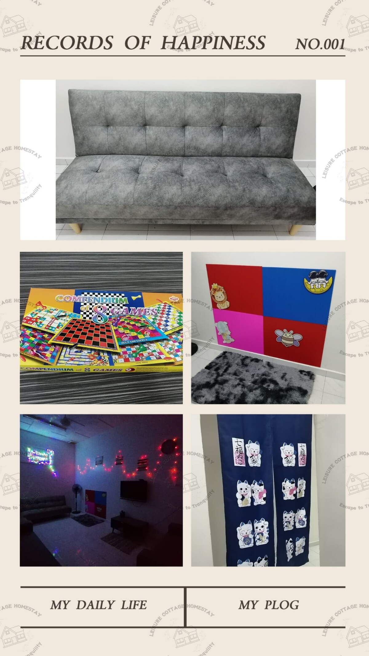 A multi-functional grey sofa is displayed in a minimalist setting, complemented by colorful wall decorations featuring playful designs. A patterned rug in monochrome tones adds texture to the space, while string lights create a subtle ambience in the room.