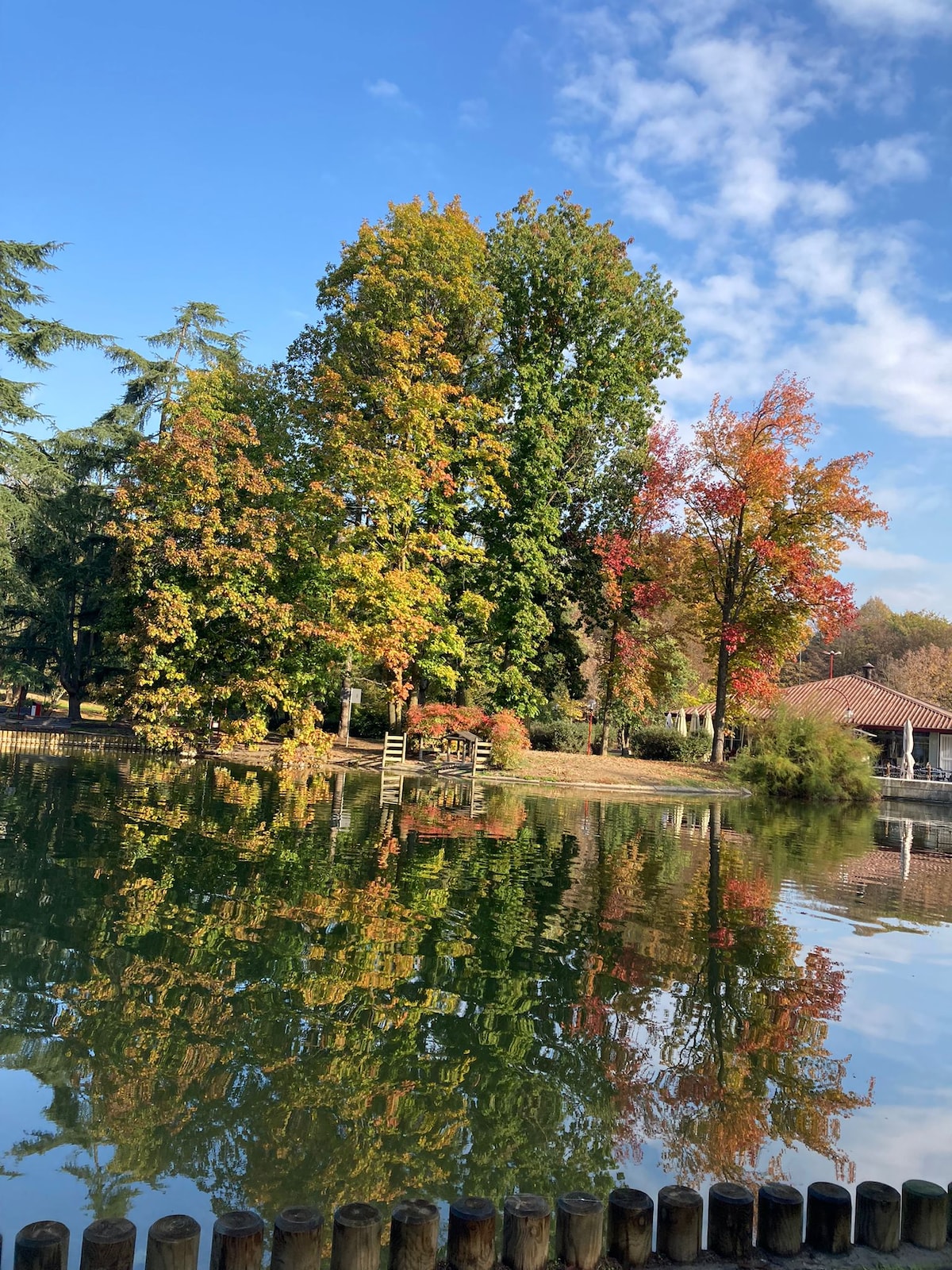 Lush trees displaying vibrant autumn colors are reflected on the calm water surface of a lake. The clear blue sky and soft clouds complement the serene natural landscape, while a building is visible in the background among the trees.