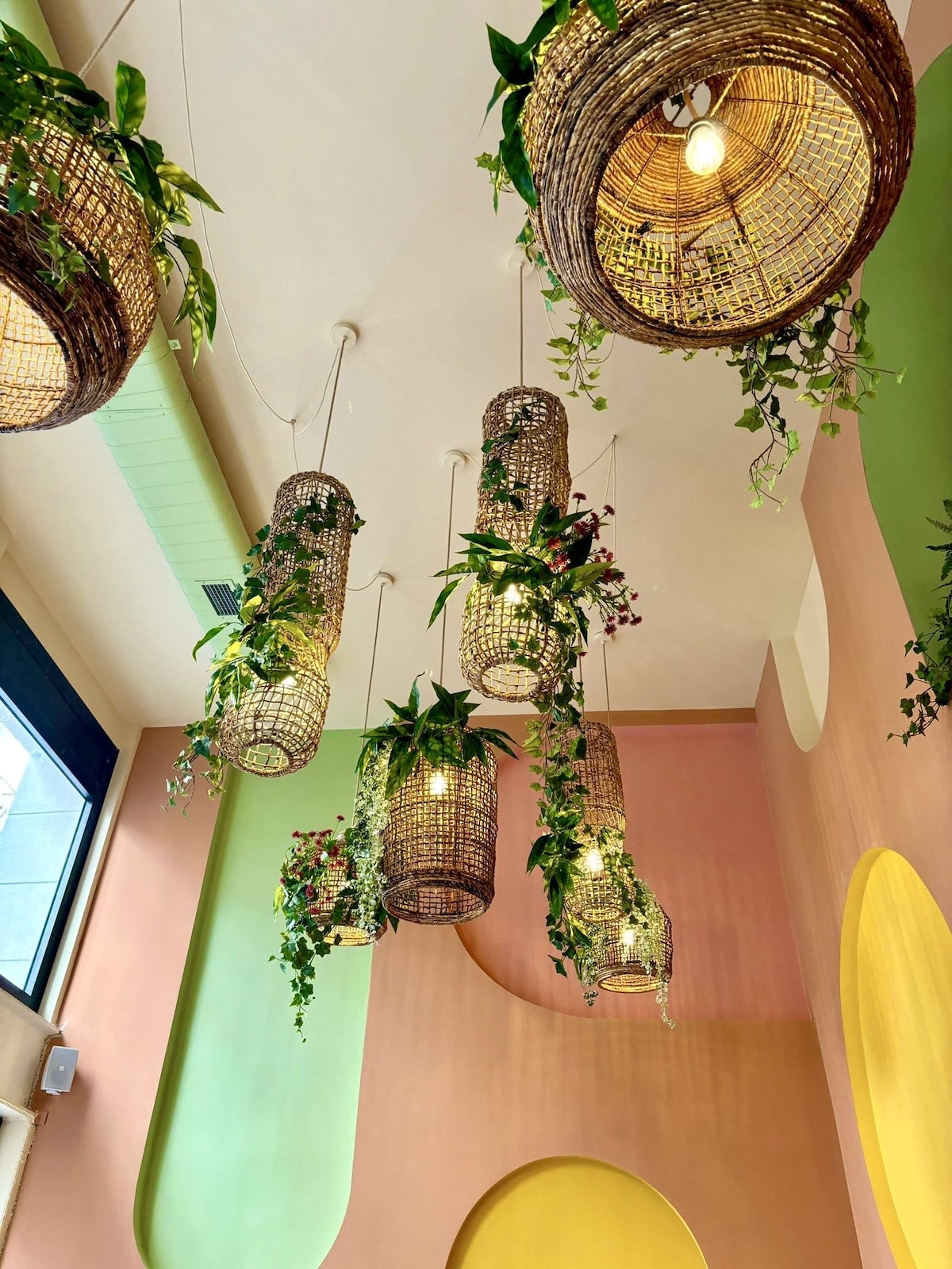 An overhead view showcases hanging woven light fixtures adorned with greenery. The fixtures illuminate the space, complemented by pastel-colored walls in shades of pink, green, and yellow, contributing to a modern and inviting ambiance.