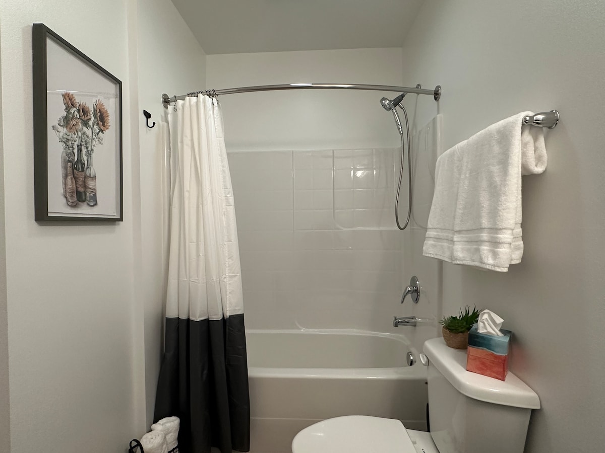 Shower and tub combo with handheld shower head.