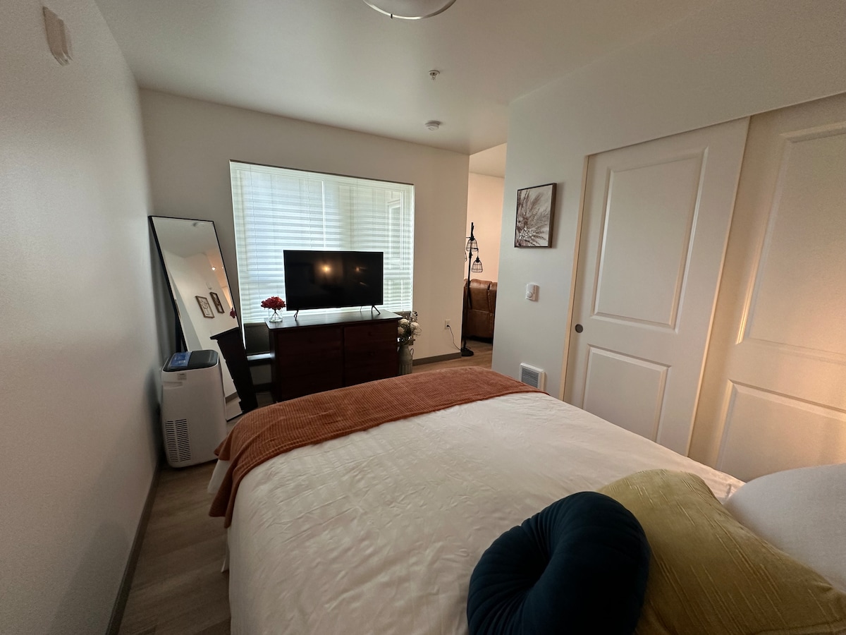 A 43" Smart TV for streaming all your favorite shows and a remote-controlled tower fan and AC are also some of the amenities provided for your comfort in the bedroom. Blackout Shades.