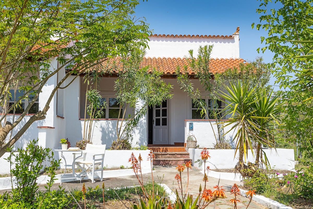 The entrance of the property is framed by lush greenery and colorful flowers, leading to a welcoming white façade with a terracotta roof. A small seating area with two chairs is positioned beside a decorative plant, creating a peaceful outdoor space.