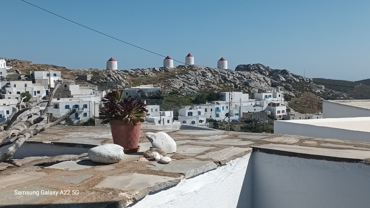 A view of traditional white buildings is captured with several windmills in the background. A terracotta pot with a green plant is situated on a stone surface in the foreground, highlighting the scenic landscape under a clear blue sky.