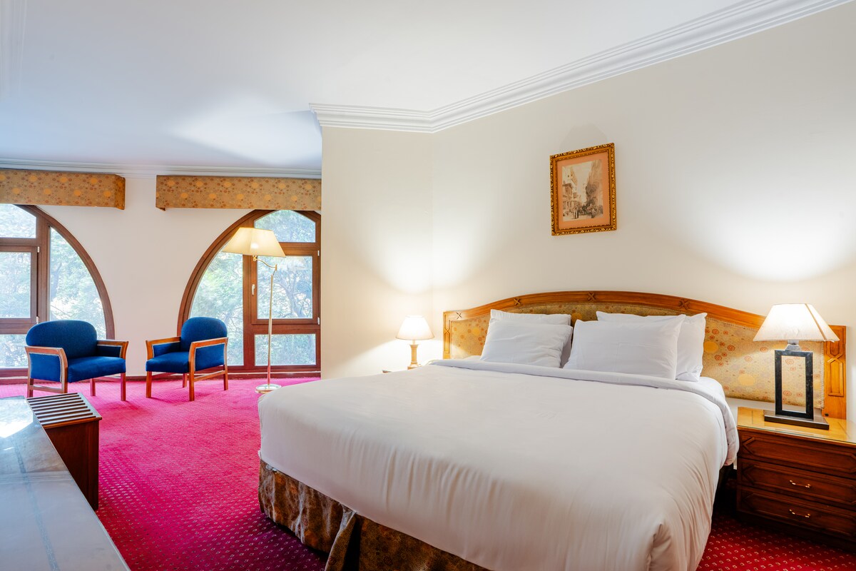 A spacious room is highlighted by a large bed with crisp white linens. Two blue armchairs sit across from a floor lamp, while natural light filters through large, arched windows, creating an inviting ambiance. Subtle artwork decorates the wall behind the bed.