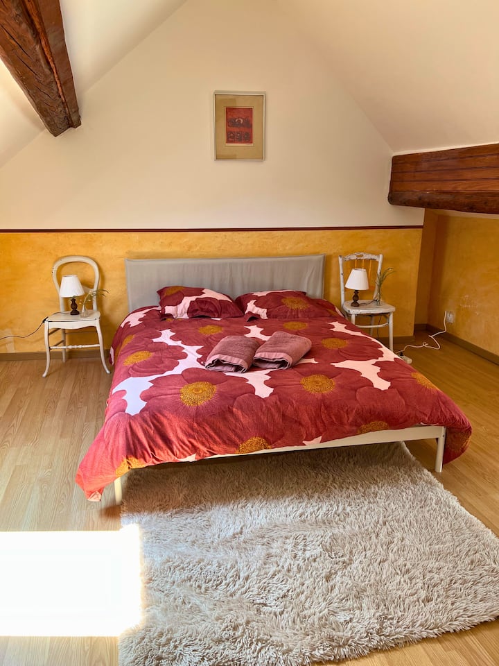 Priestranná izba s 160 cm posteľou, bočným výhľadom do dvora a stranou do záhrady.