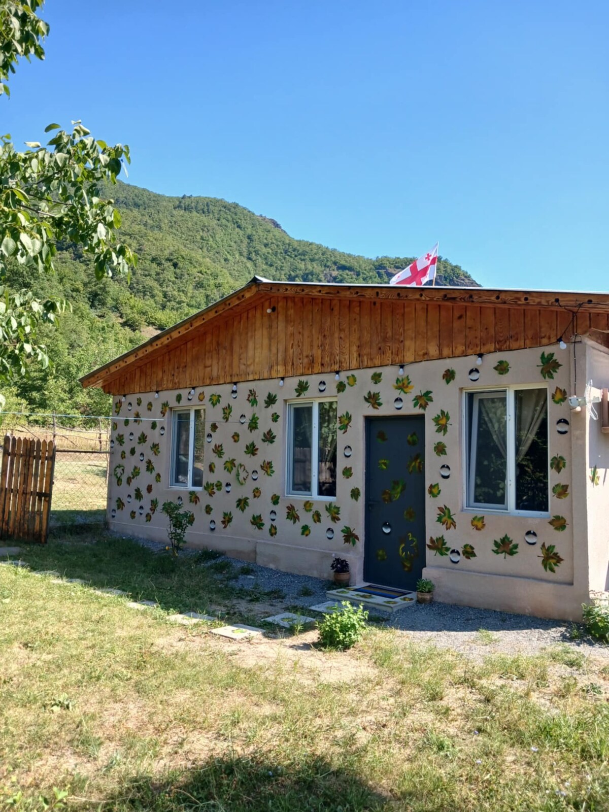 A single-story villa features a beige exterior adorned with green foliage patterns. Two windows are situated on either side of a central entrance door painted in a deep green. The surrounding grassy area is complemented by a wooden fence, with mountains visible in the backdrop.