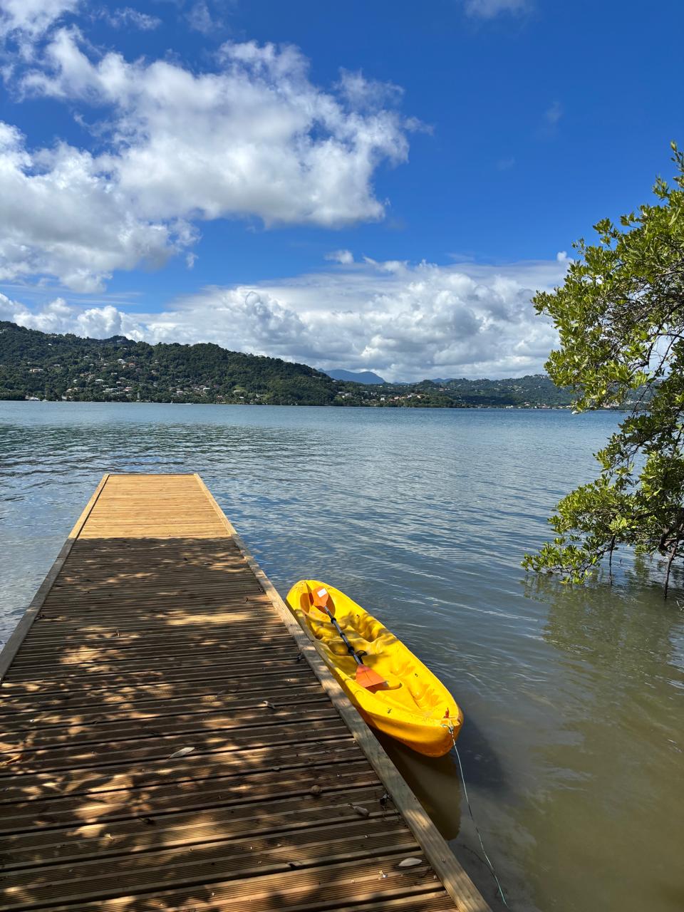 A wooden dock extends into calm waters, complemented by a brightly colored yellow kayak secured at its edge. Lush green hills rise in the background, under a vibrant blue sky filled with scattered clouds, creating a serene waterfront setting.