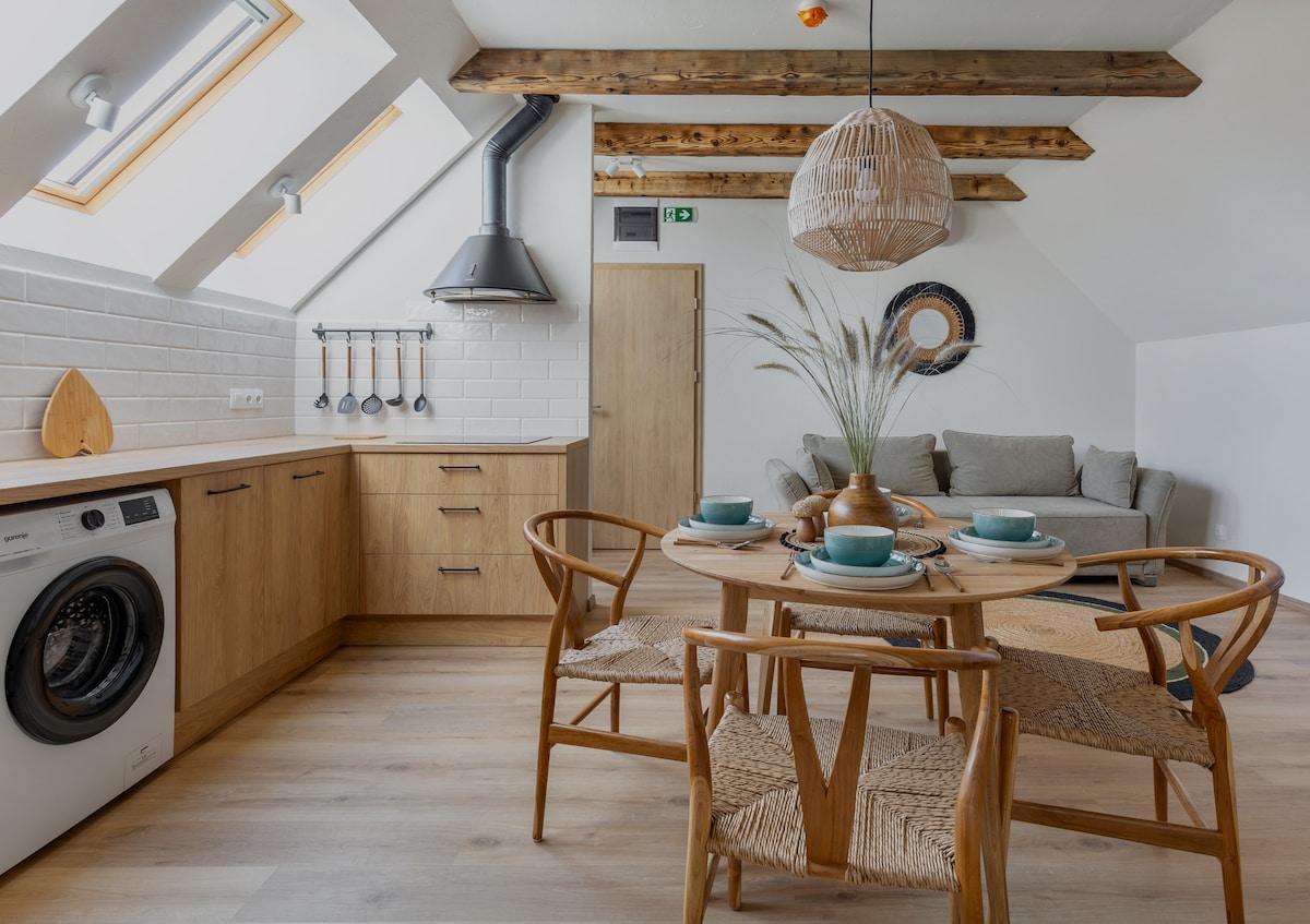 A modern kitchen and dining area feature wooden cabinetry and a round table set with teal dishware. Natural light comes through skylights, illuminating a cozy seating area with a neutral sofa. A laundry machine is discreetly integrated into the design, enhancing functionality.