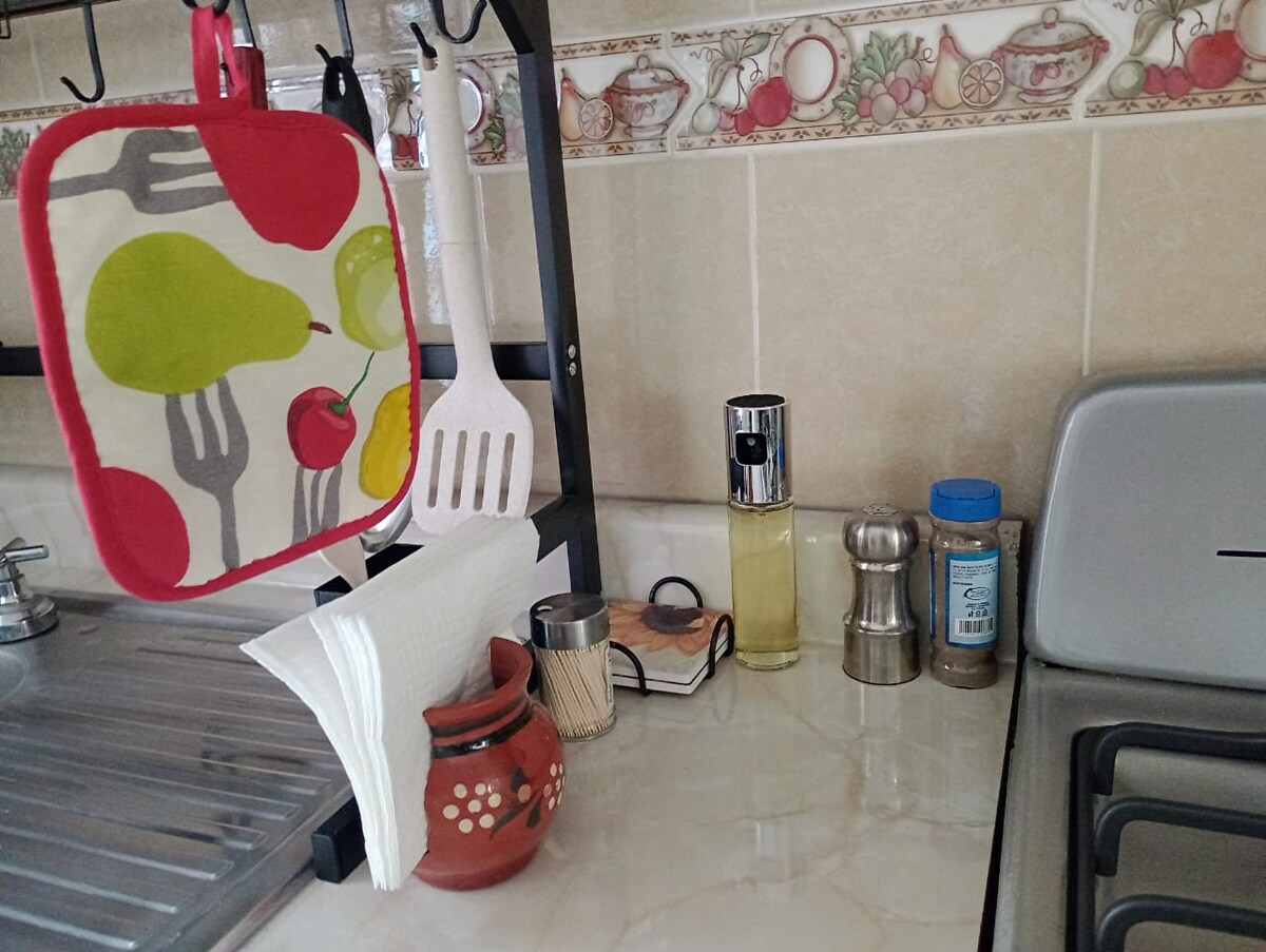 A kitchen countertop is shown, featuring neatly arranged essential cooking items. A red and green pot holder hangs above, while a spatula, olive oil, salt shaker, pepper mill, and various spices are visible. Paper towels are stored on the counter, enhancing practical use.