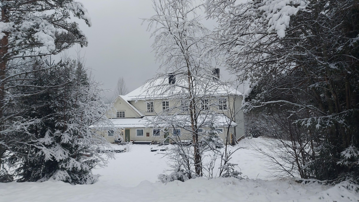 A cozy lodge is surrounded by a blanket of fresh snow, contrasting with the evergreen trees nearby. The two-story building is partially visible, with snow-covered rooftops and a gently sloping landscape leading to the entrance. The wintry scene evokes a serene atmosphere.