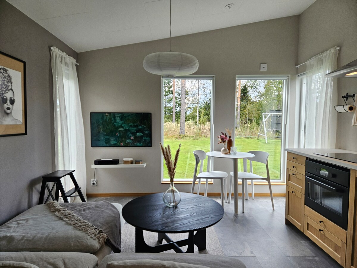 43" рамковниот телевизор од Samsung, паметен телевизор со различни мотиви на сликата. Диванот на каучот е навистина столче за нозе и може да се премести ако наместо тоа сакате ноќ за играње. Достапно е столче за да се стигне до највисоките полици во кујната.