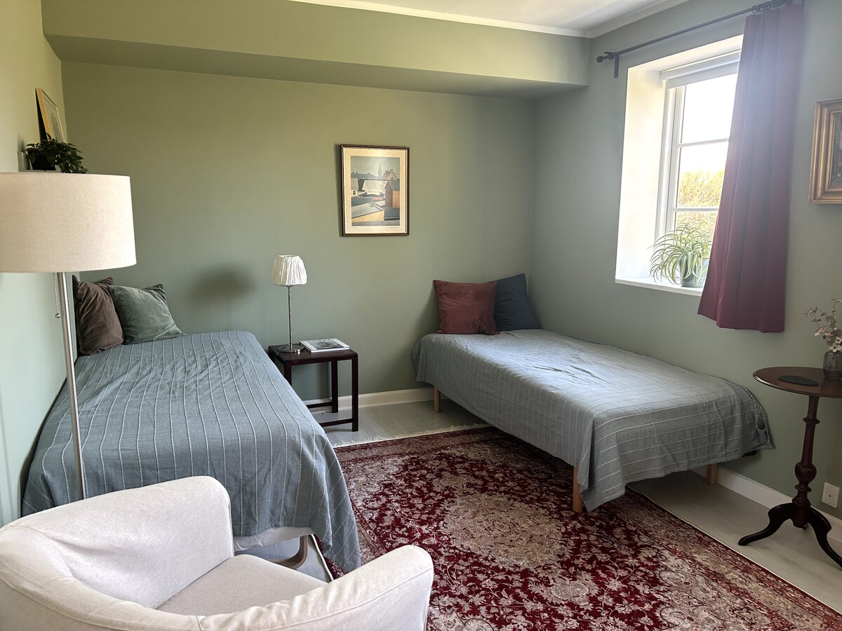 A serene guest room features two single beds dressed in light gray linens, complemented by decorative pillows. A small lamp and a side table are positioned beside one bed. A framed artwork hangs on the green wall, and a window allows natural light to illuminate the space.