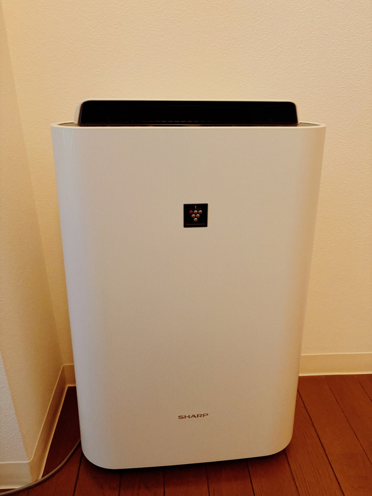 A sleek air purifier is positioned against a light-colored wall. Its modern design features a simple interface with a control panel located at the top. The unit stands on a hardwood floor, contributing to an uncluttered and clean aesthetic.