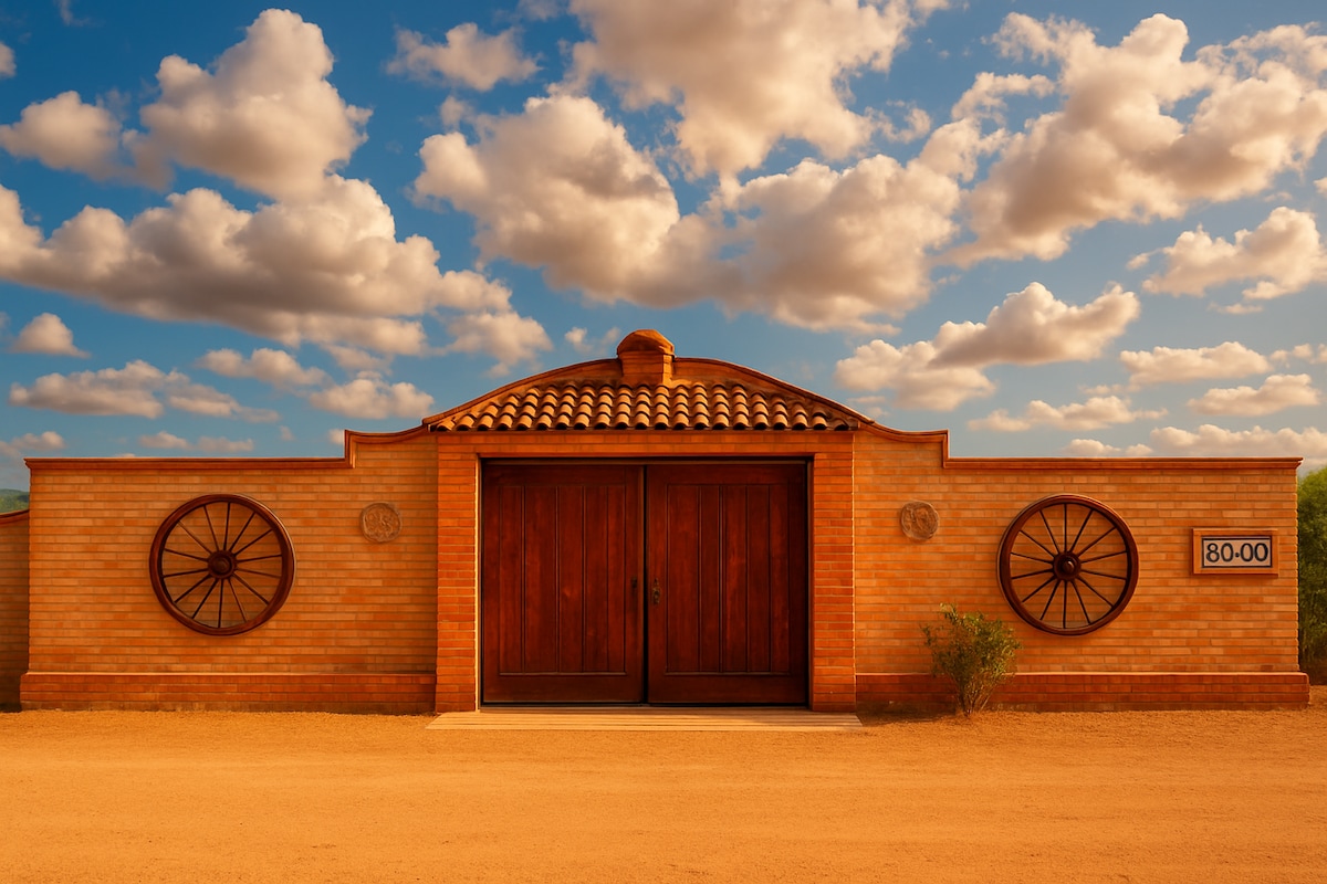 A welcoming entrance is depicted, featuring a pair of large wooden doors framed by decorative wheels on either side. The structure showcases a colorful tile roof against a sky filled with fluffy clouds, complemented by earthy tones of the brick exterior.