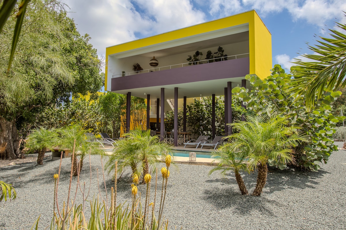 A modern villa features a vibrant yellow and purple exterior, elevated on pillars. Surrounding the property, lush greenery and palm trees create a tranquil atmosphere. A private pool is visible among the pebbled landscape, complemented by sun loungers for relaxation.