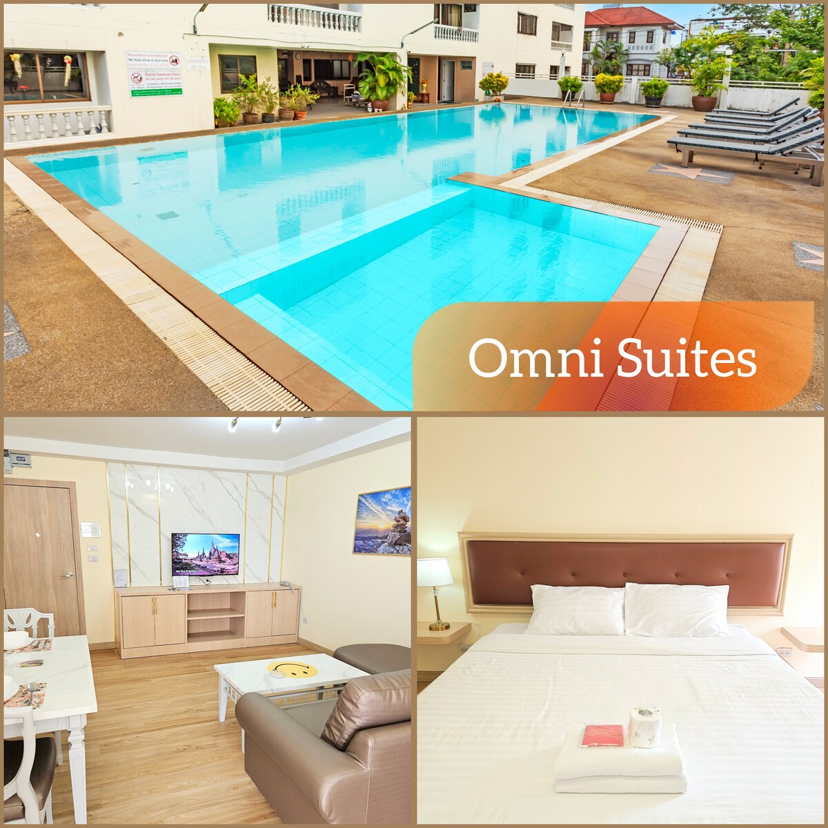 An inviting swimming pool is surrounded by shaded lounge chairs, offering a refreshing escape. In the adjoining area, a modern living space features a smart TV across from a cozy seating arrangement, while a spacious bed is made up with crisp linens in a well-lit bedroom.