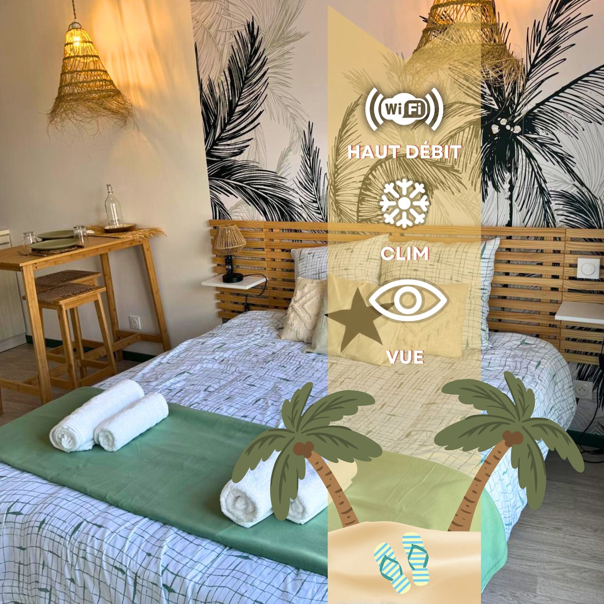 A cozy bedroom features a wooden bed frame with a light bedding set. Two rolled towels are neatly arranged on the bed. A tropical-themed wallpaper adds a touch of nature, while woven pendant lights provide soft illumination. A small bar area is visible in the background.