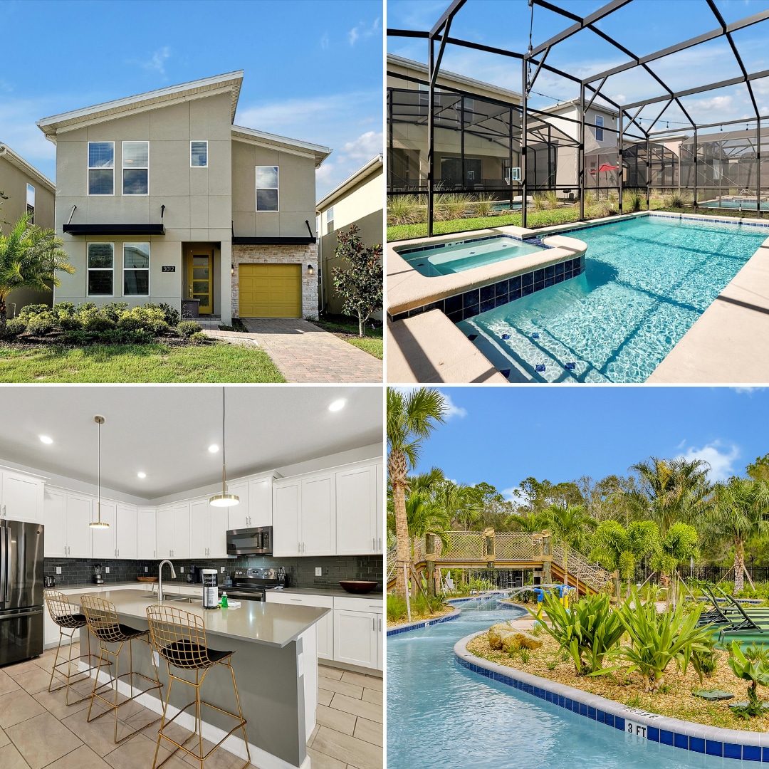 A two-story home with a light exterior is framed by manicured landscaping. The enclosed backyard features a clear pool and spa surrounded by a sunbathing area. A modern kitchen showcases white cabinetry, stainless steel appliances, and stylish bar stools. Lush tropical gardens extend beyond the pool area.