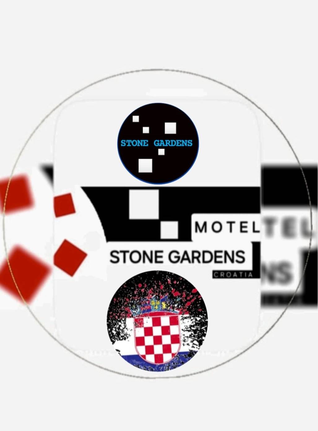 A graphic design displays the logo of Stone Gardens, featuring a mix of geometric shapes and colors. The logo includes the words 'MOTEL' and 'CROATIA', highlighted alongside distinct designs representing the brand and locality.