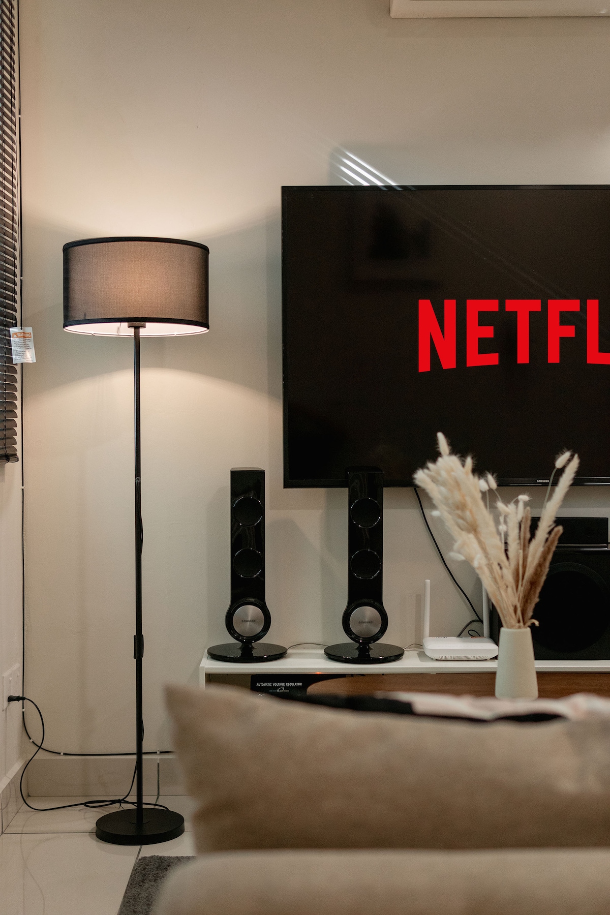 The living room is equipped with a flat-screen TV displaying the Netflix logo. A floor lamp with a black shade illuminates the space. Two speakers are positioned beside a modern entertainment unit, while a vase filled with dried plants adds a decorative touch to the scene.