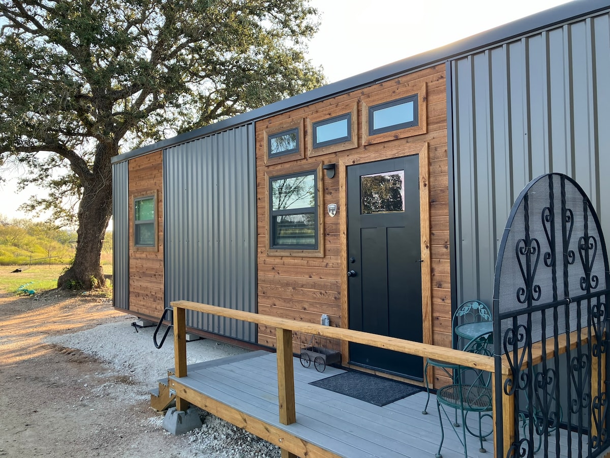 The exterior view of the cabin showcases a blend of wood and metal siding. The entrance is framed by large windows and a stylish black door. A small porch with a wooden railing leads to a seating area featuring metal chairs, complemented by a large tree in the background.